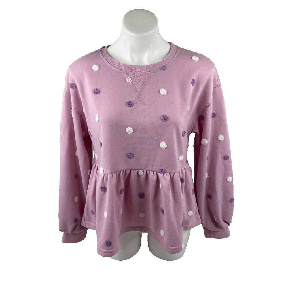 Blu Pepper Women Small Babydoll Top Pink Polka Dot Long Sleeve Heavyweight NWT